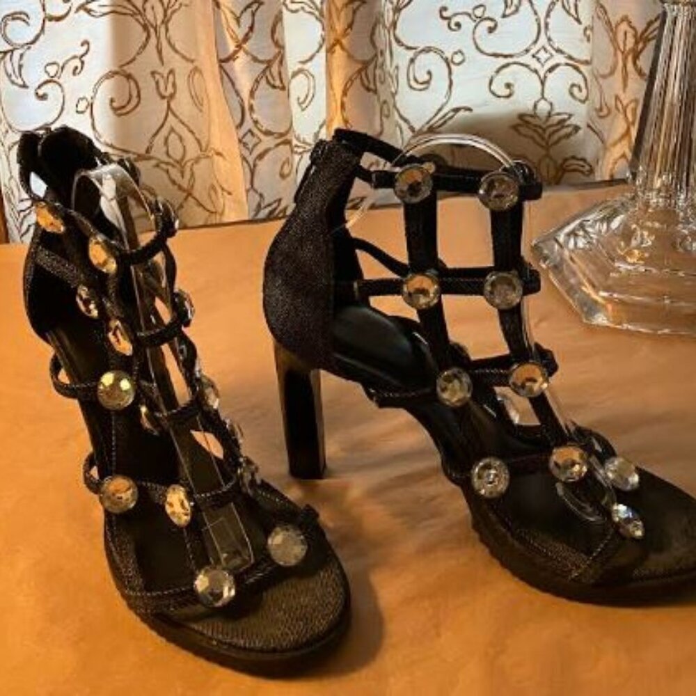 Karl Lagerfeld Beatriz Crystal Block Heel Black Denim Size 9 NWOT